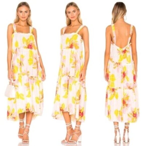 Free People Dress Large Moonshine Linen Blend White Pastel Floral Midi Tiered - Picture 1 of 16